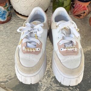 Puma White Cream Pink Platform Sneakers with Gold Hardware